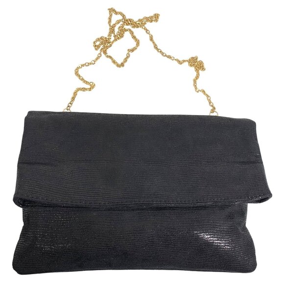 MODA LUXE Shimmery Black Flap Clutch Gold Tone Chain Strap Shoulder Bag - Picture 1 of 9